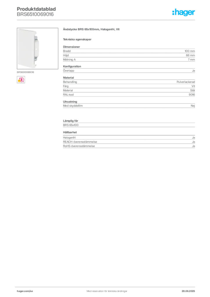 Bild Hager Produktdatablad BRS6510069016 | Hager Sverige