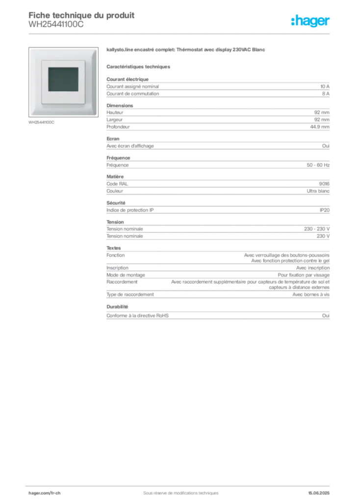 Image Hager Fiche technique du produit WH25441100C | Hager Suisse