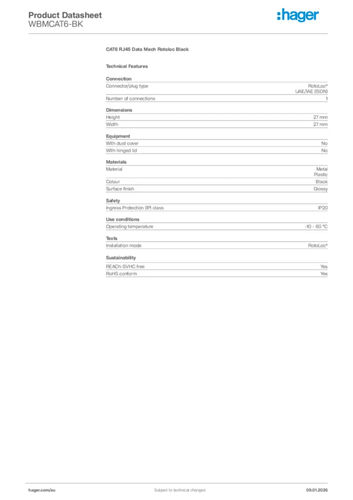 Image Hager Product data sheet WBMCAT6-BK  | Hager Australia