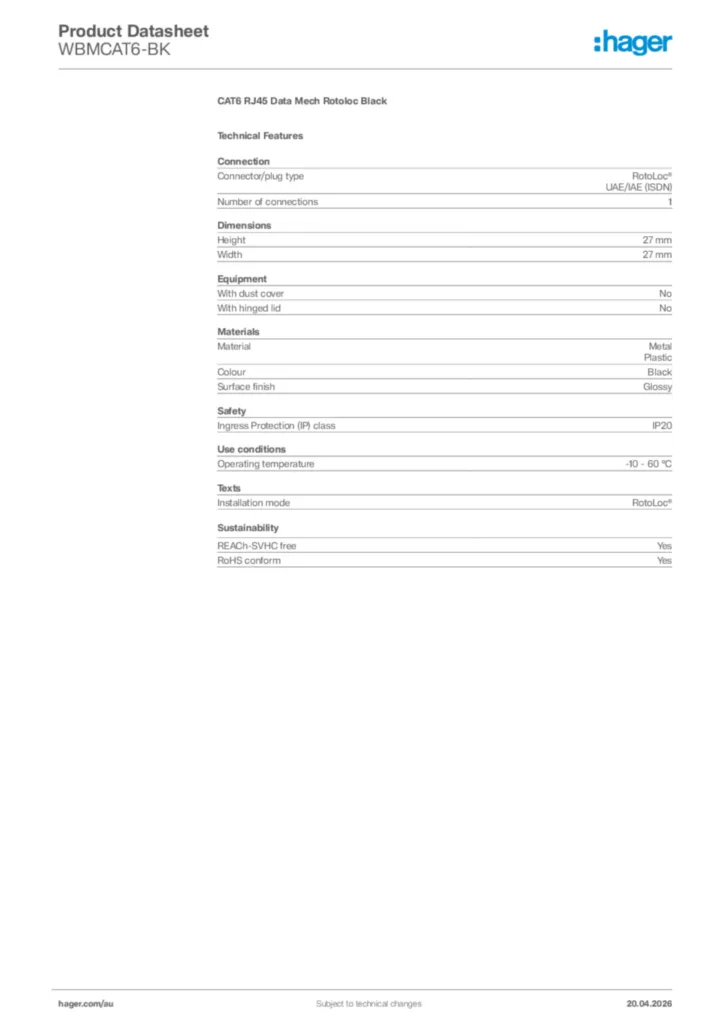 Image Hager Product data sheet WBMCAT6-BK  | Hager Australia
