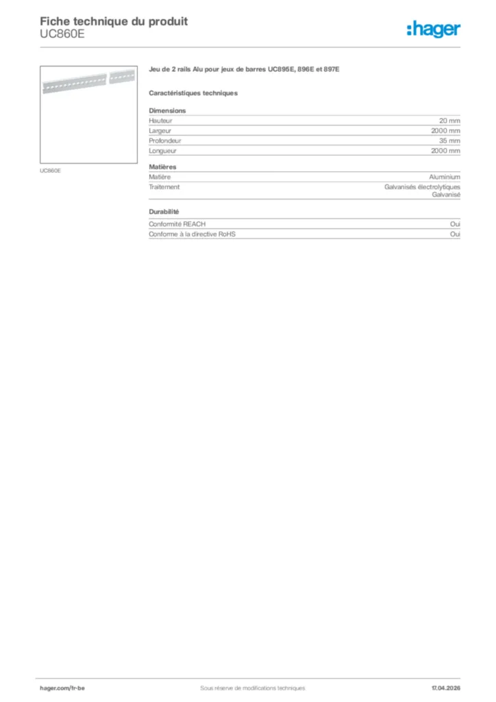 Image Hager Fiche technique du produit UC860E | Hager Belgique