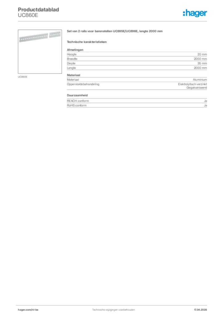 Afbeelding Hager Productdatablad UC860E | Hager Belgium