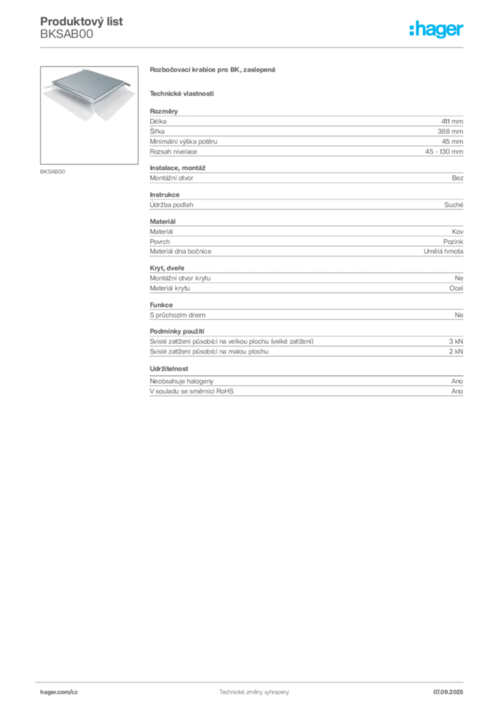 Obrázek Hager Produktový list BKSAB00 | Hager