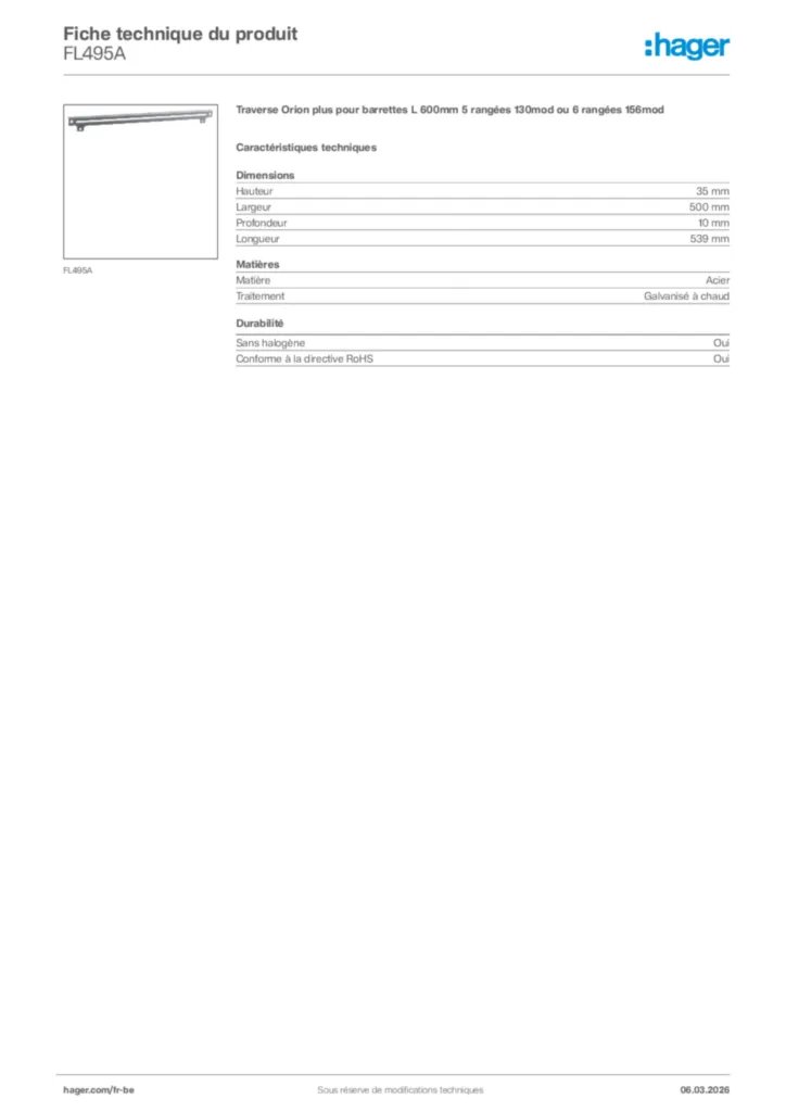 Image Hager Fiche technique du produit FL495A | Hager Belgique