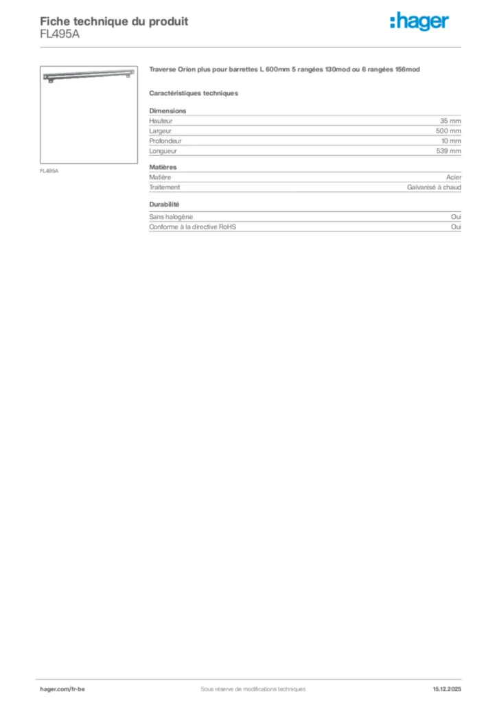 Image Hager Fiche technique du produit FL495A | Hager Belgique