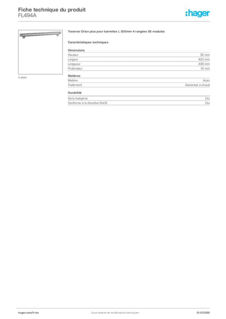 Image Hager Fiche technique du produit FL494A | Hager Belgique