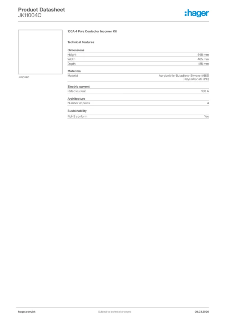 Image Hager Product data sheet JK11004C  | Hager