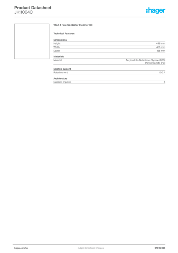 Image Hager Product data sheet JK11004C  | Hager