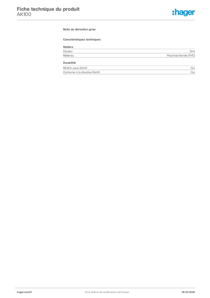 Image Hager Fiche technique du produit AK100 | Hager France