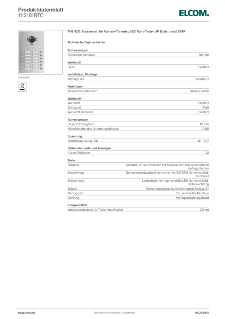 Bild Elcom Produktdatenblatt 1112181BTC | Hager Deutschland
