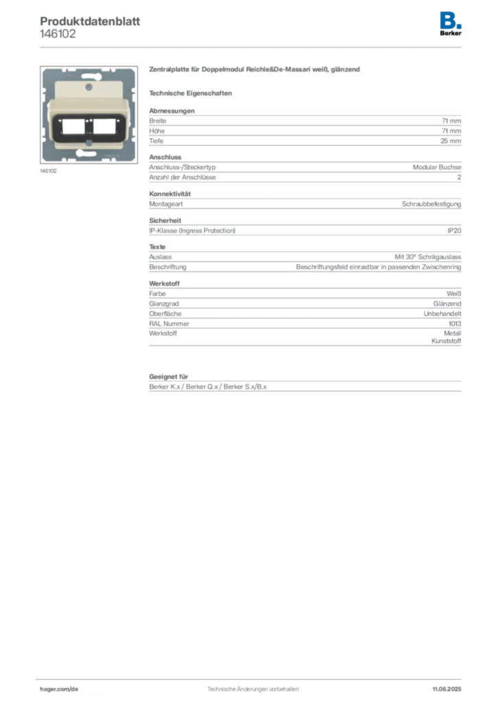 Bild Berker Produktdatenblatt 146102 | Hager Deutschland
