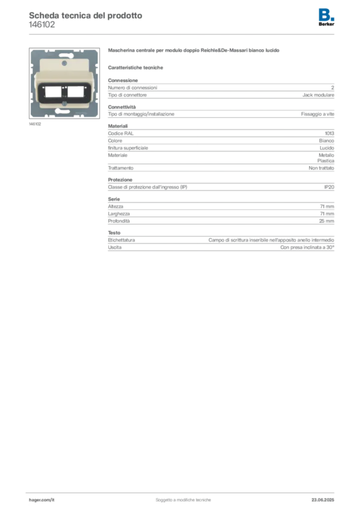 Immagine Berker Scheda tecnica del prodotto 146102 | Hager Italia