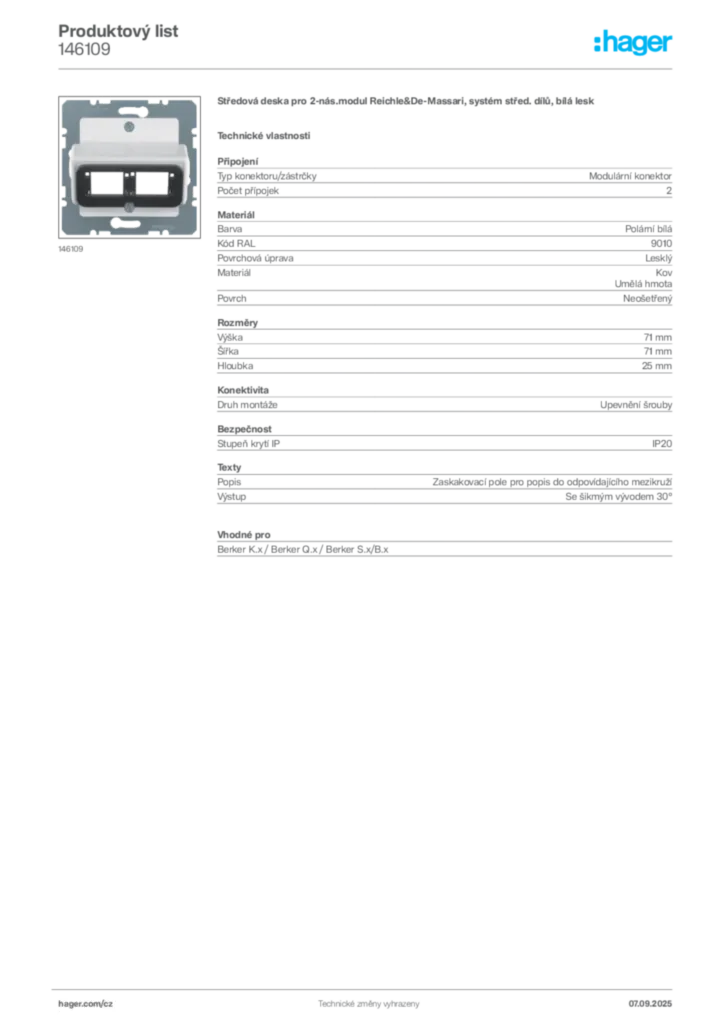 Obrázek Hager Produktový list 146109 | Hager