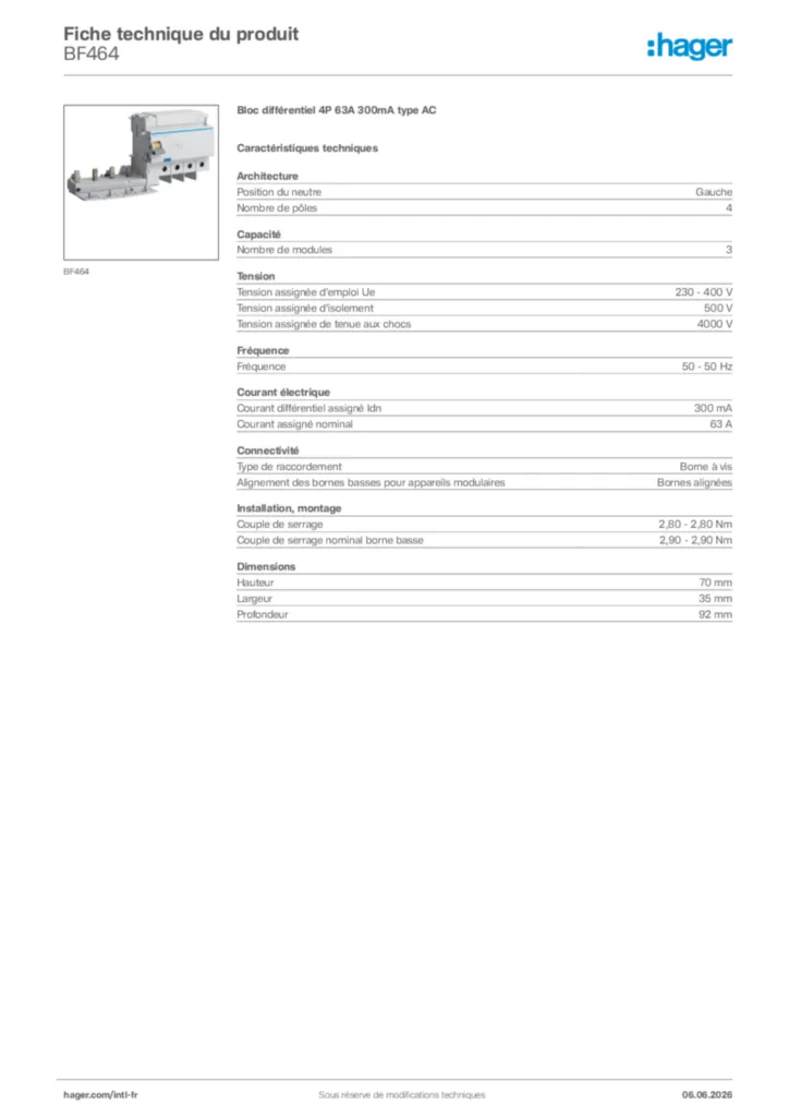 Image Hager Fiche technique du produit BF464 | Hager Afrique