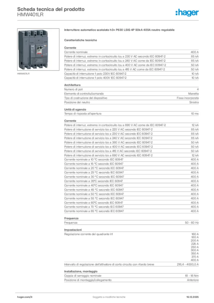 Immagine Hager Scheda tecnica del prodotto HMW401LR | Hager Italia