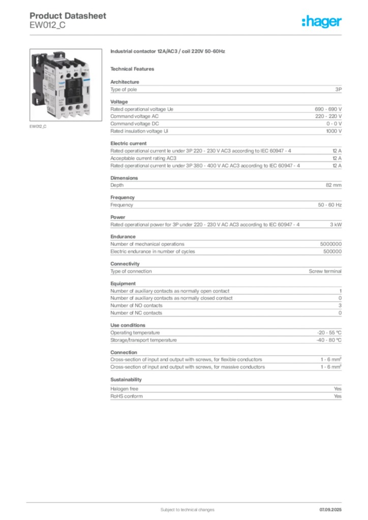 Image Hager Product data sheet EW012_C  | Hager