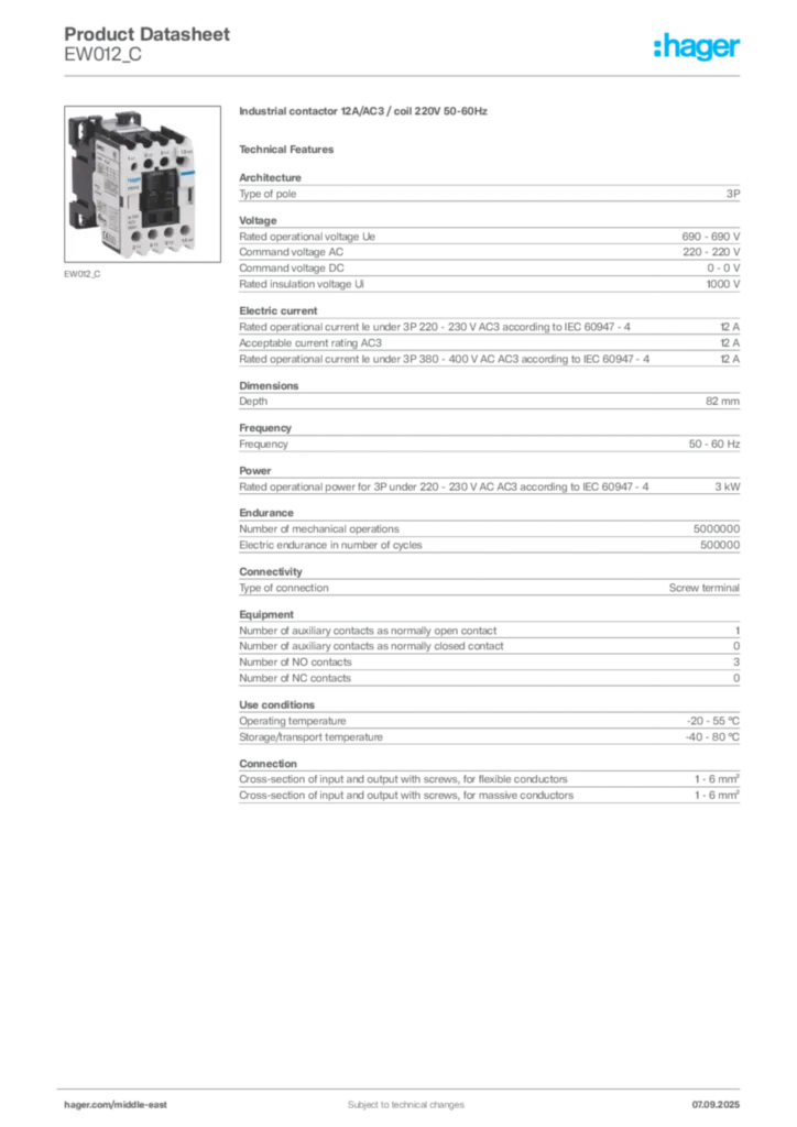 Image Hager Product data sheet EW012_C  | Hager