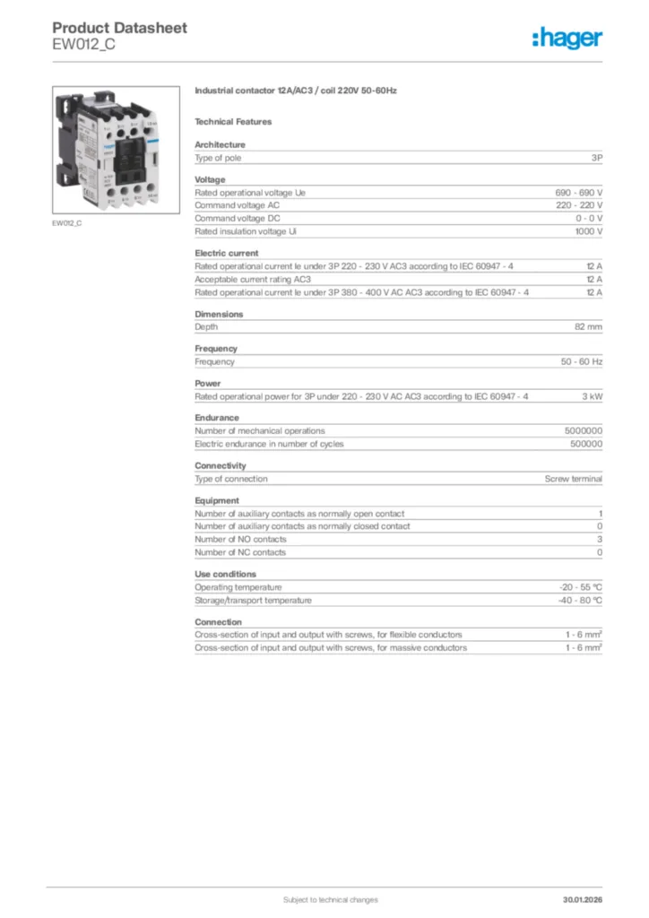 Image Hager Product data sheet EW012_C  | Hager