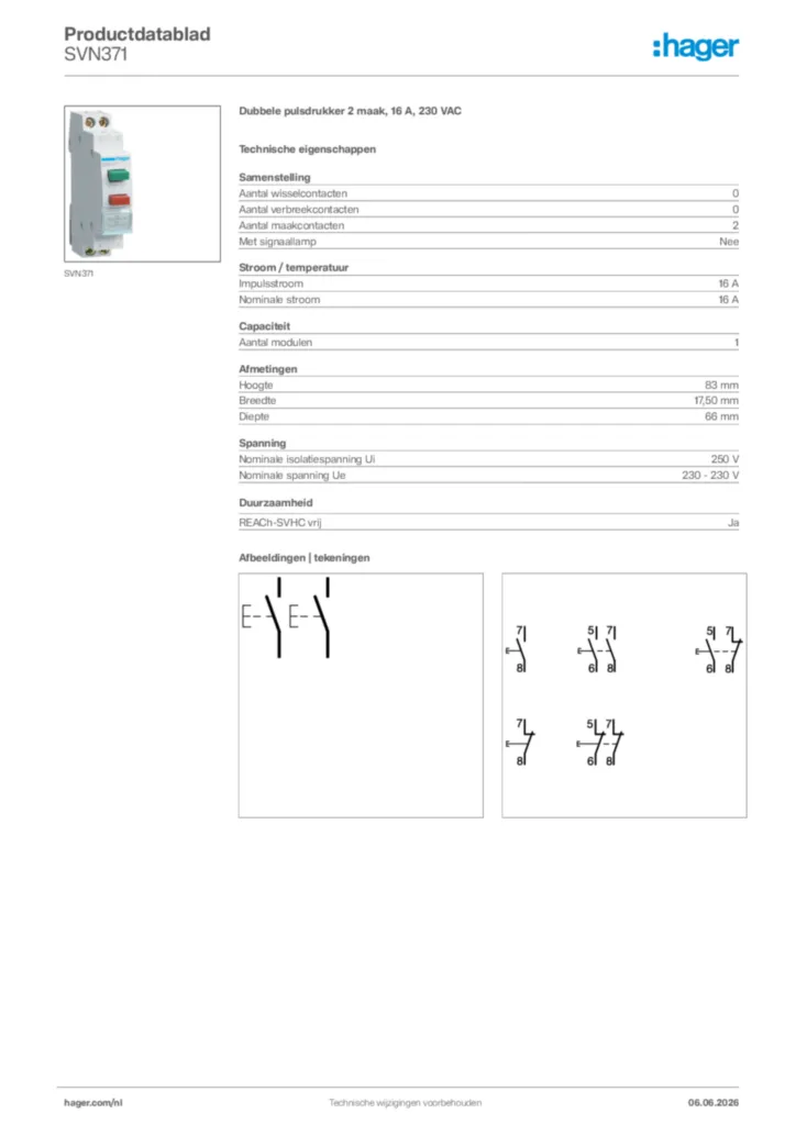 Afbeelding Hager Productdatablad SVN371 | Hager Nederland