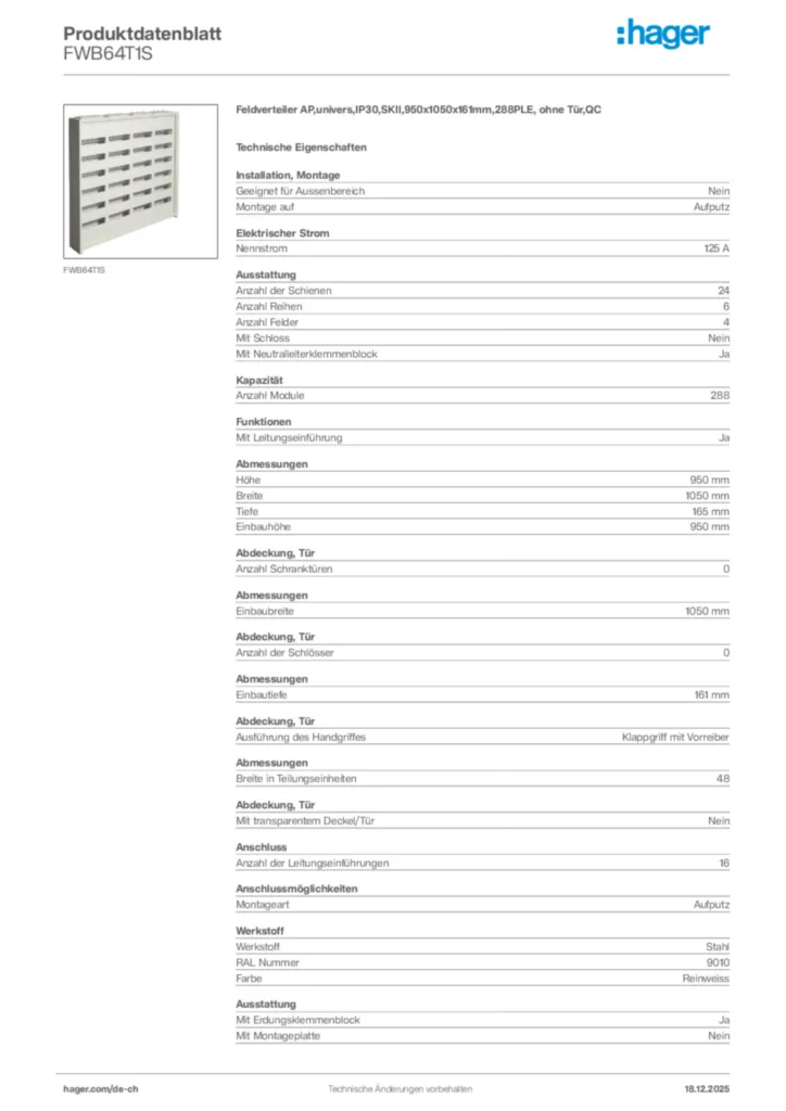 Bild Hager Produktdatenblatt FWB64T1S | Hager Schweiz