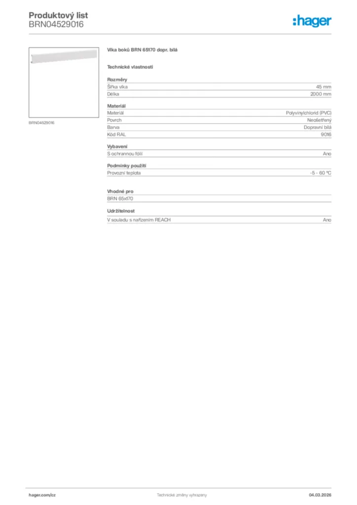 Obrázek Hager Product data sheet BRN04529016 | Hager