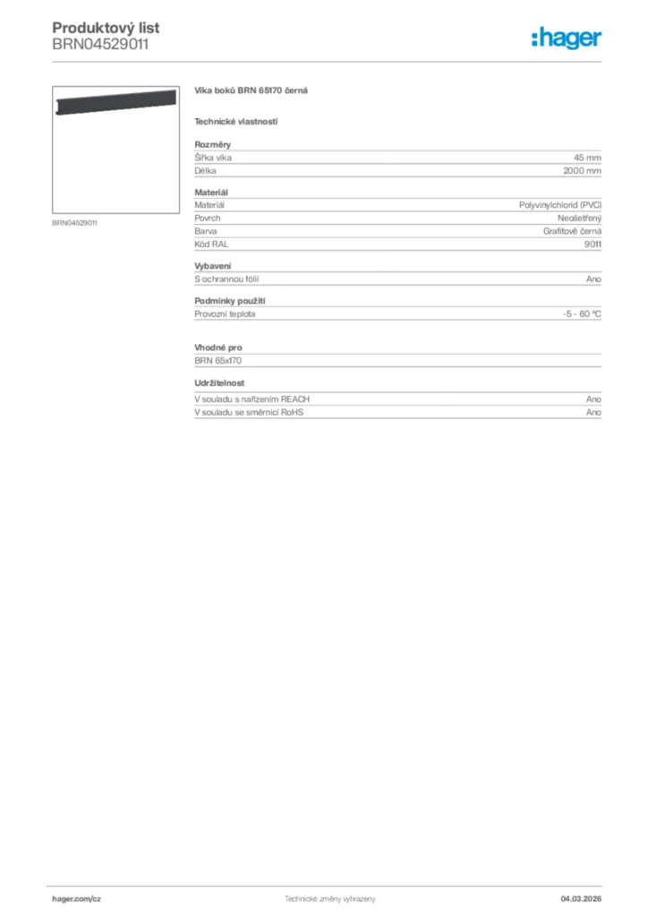 Obrázek Hager Product data sheet BRN04529011 | Hager