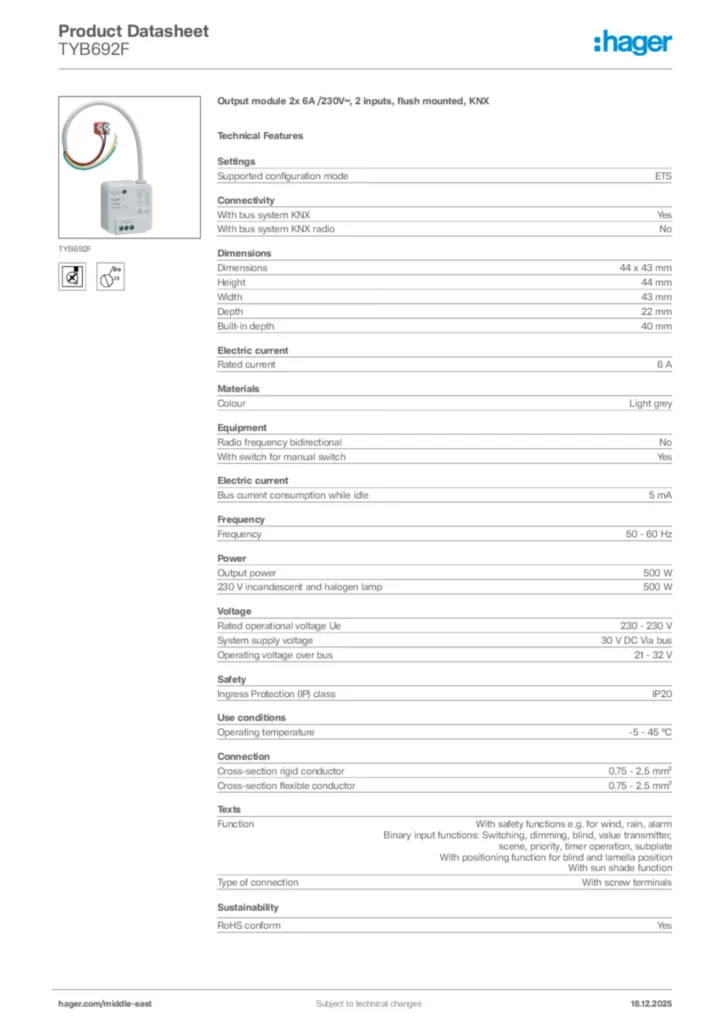 Image Hager Product data sheet TYB692F  | Hager