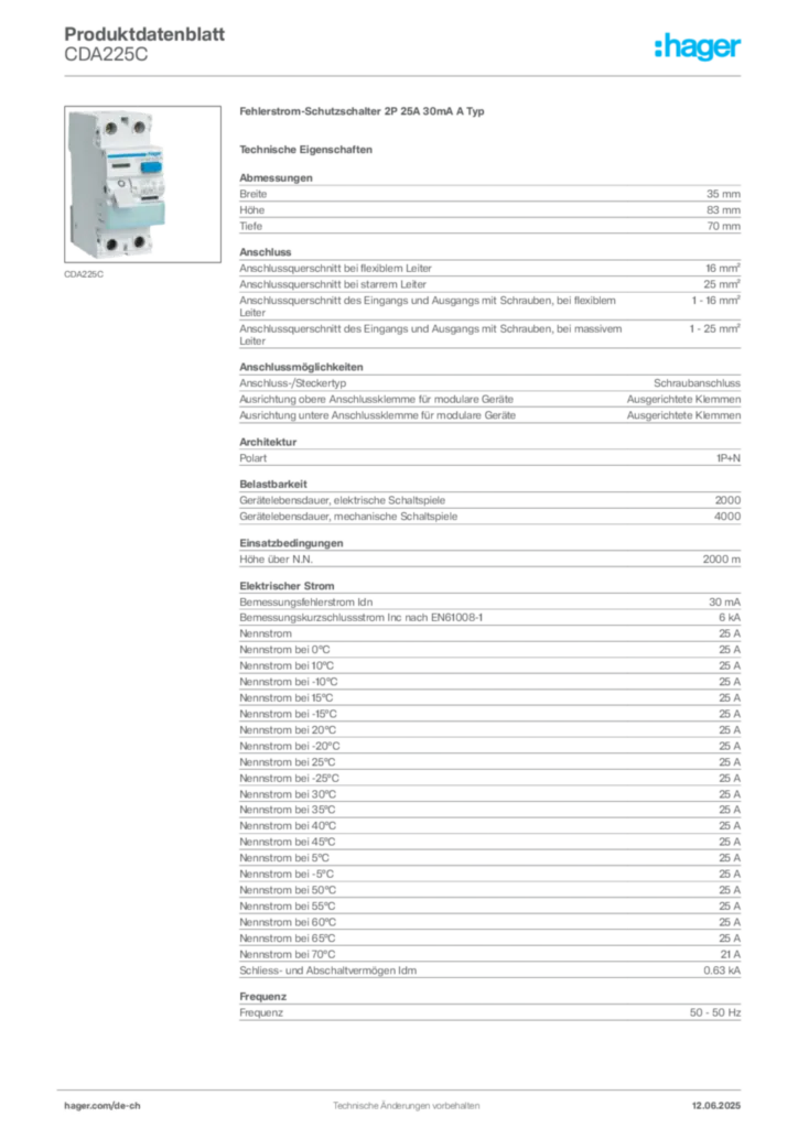 Bild Hager Produktdatenblatt CDA225C | Hager Schweiz