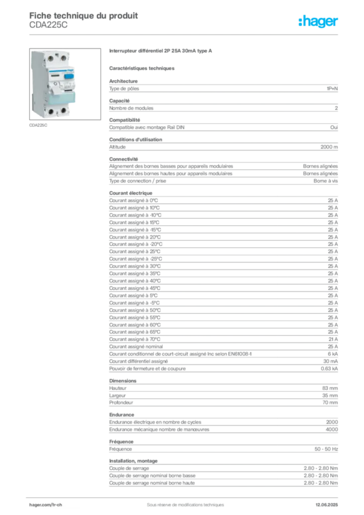Image Hager Fiche technique du produit CDA225C | Hager Suisse