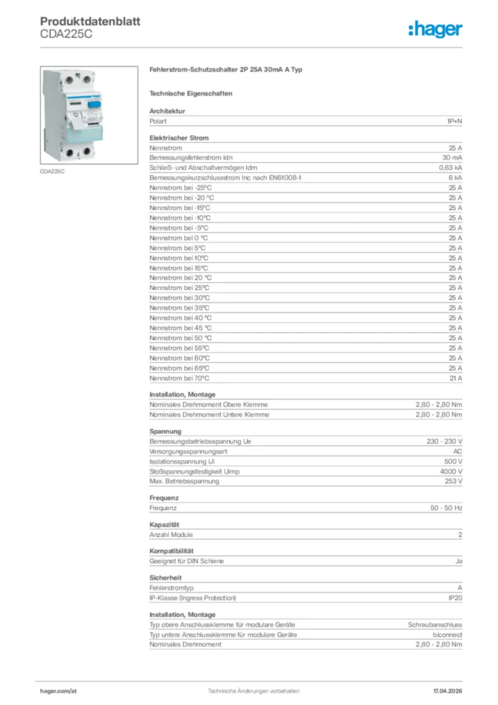 Bild Hager Produktdatenblatt CDA225C | Hager Deutschland