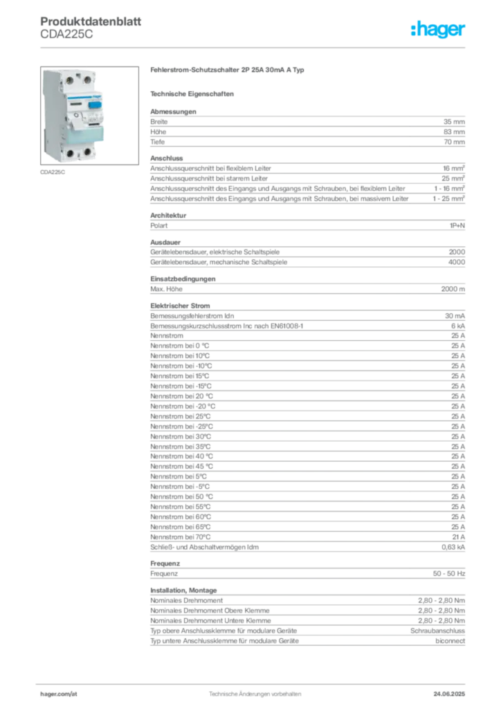 Bild Hager Produktdatenblatt CDA225C | Hager Deutschland