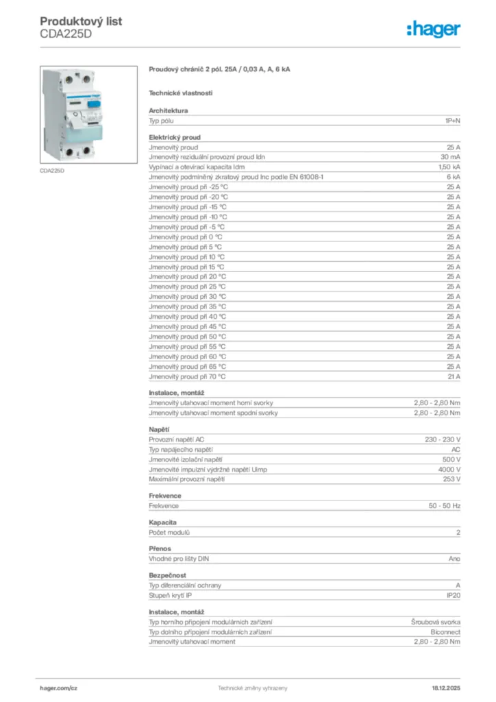 Obrázek Hager Produktový list CDA225D | Hager