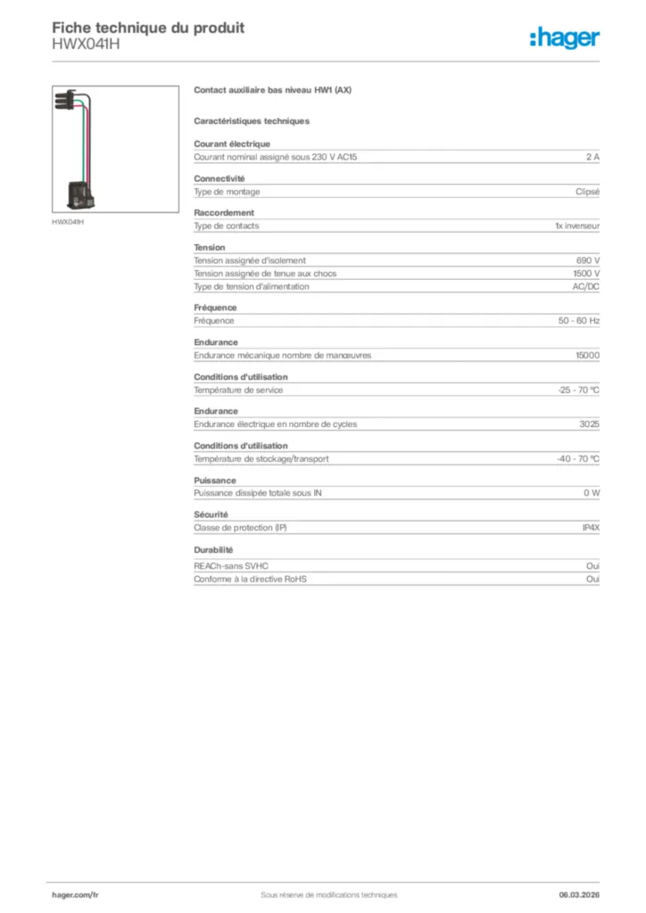 Image Hager Fiche technique du produit HWX041H | Hager France