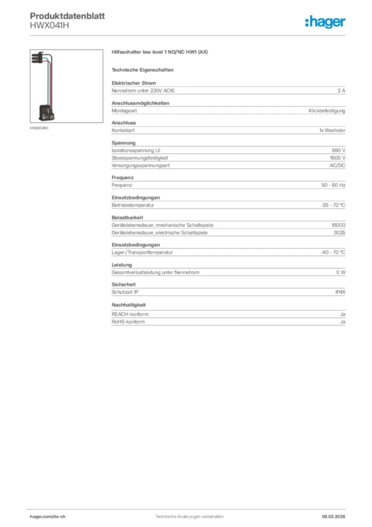 Bild Hager Produktdatenblatt HWX041H | Hager Schweiz