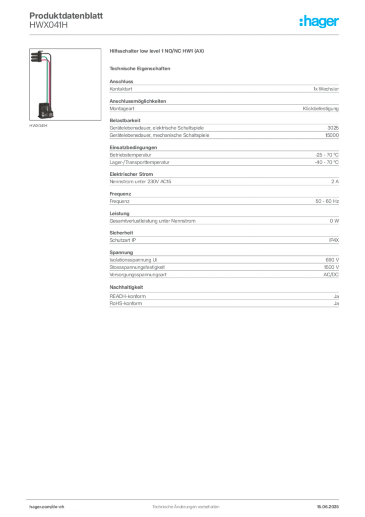 Bild Hager Produktdatenblatt HWX041H | Hager Schweiz