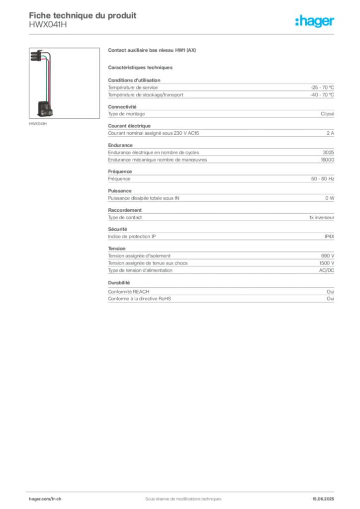 Image Hager Fiche technique du produit HWX041H | Hager Suisse