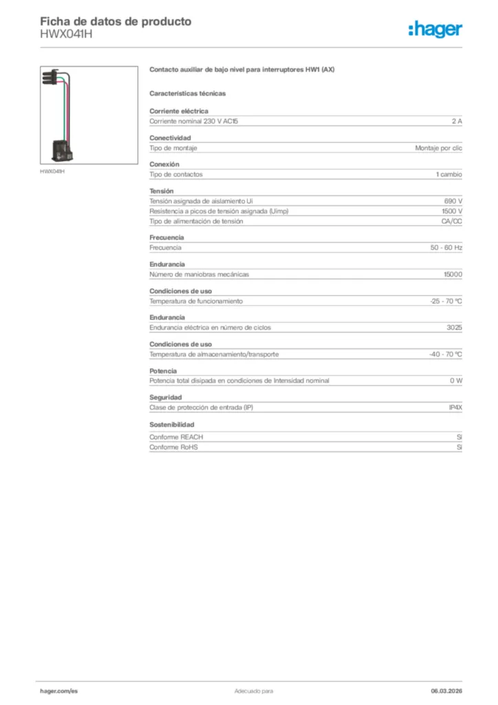 Imagen Hager Ficha de datos de producto HWX041H | Hager España
