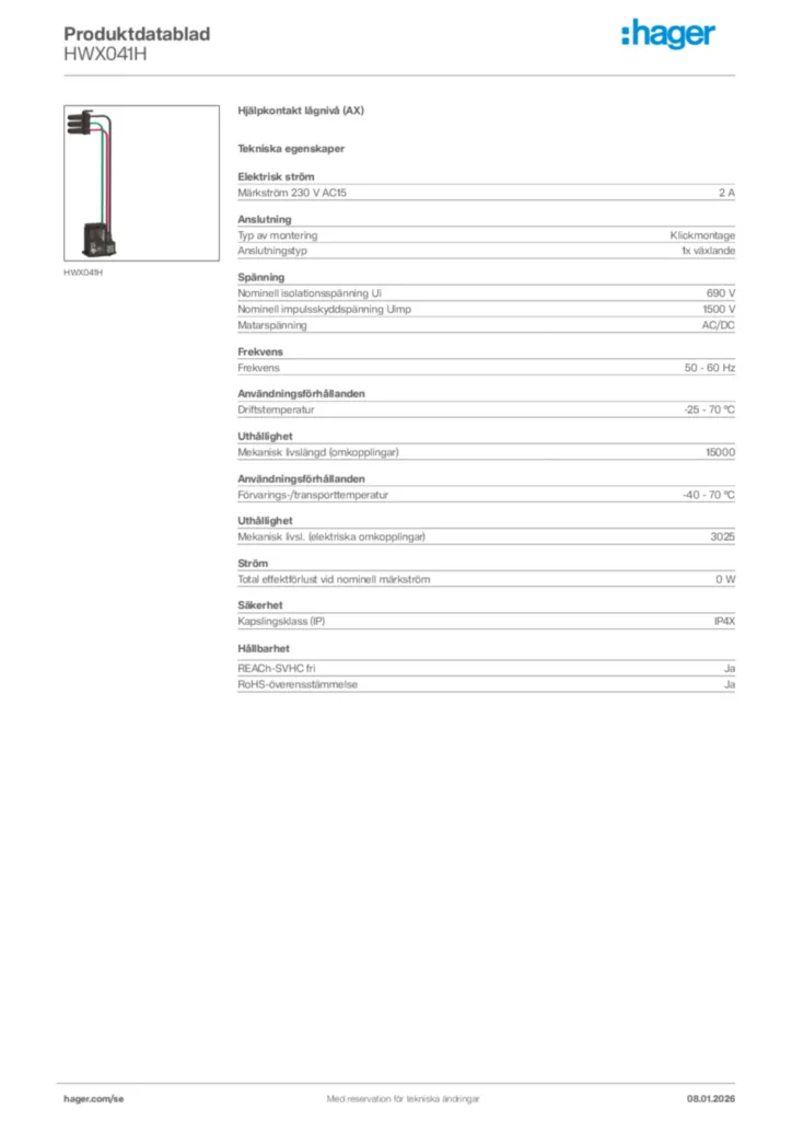 Bild Hager Produktdatablad HWX041H | Hager Sverige