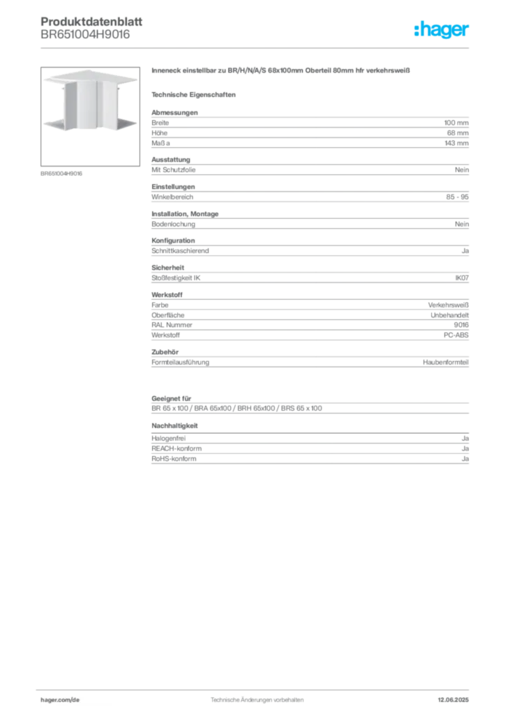 Bild Hager Produktdatenblatt BR651004H9016 | Hager Deutschland