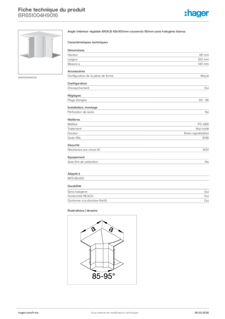 Image Hager Fiche technique du produit BR651004H9016 | Hager Belgique