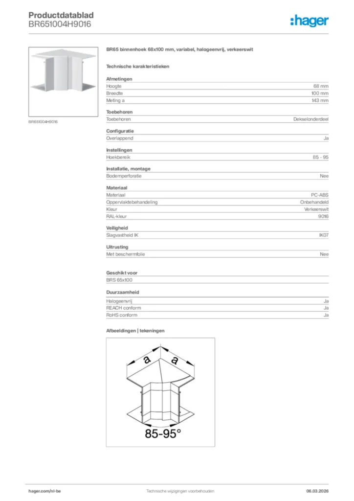 Afbeelding Hager Productdatablad BR651004H9016 | Hager Belgium