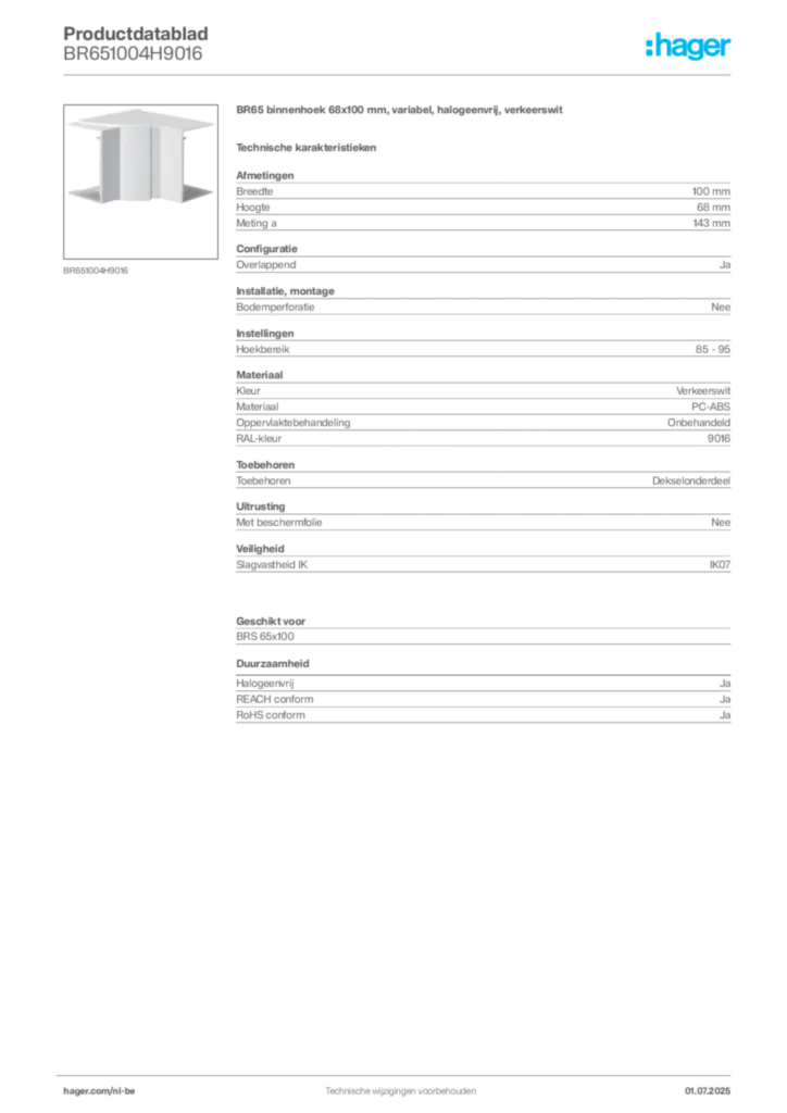 Afbeelding Hager Productdatablad BR651004H9016 | Hager Belgium