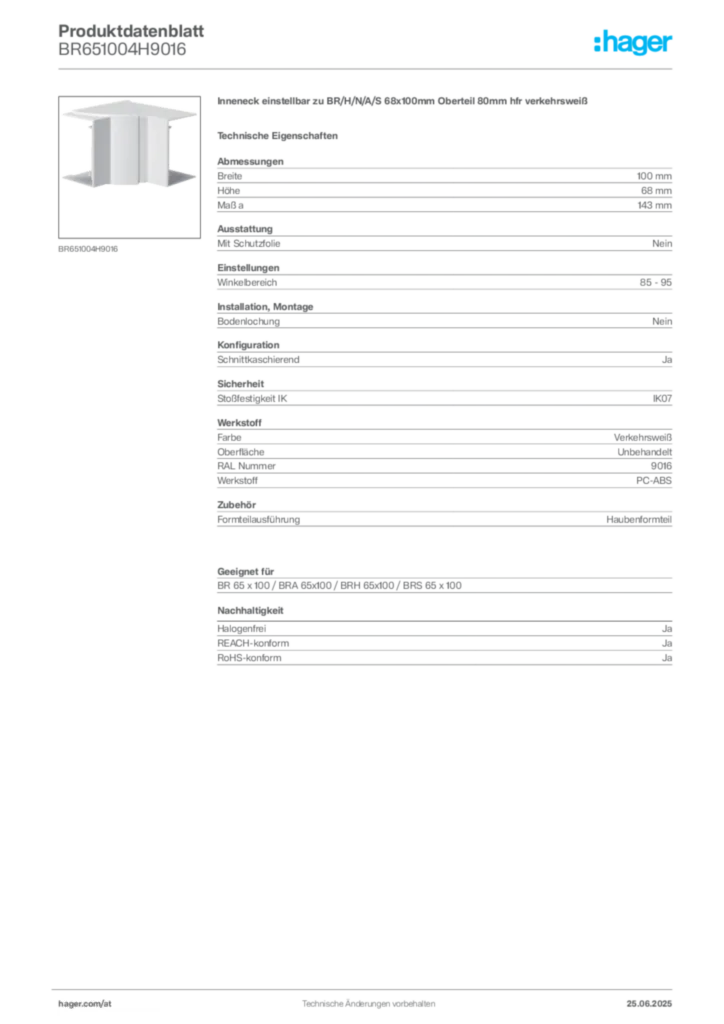 Bild Hager Produktdatenblatt BR651004H9016 | Hager Deutschland
