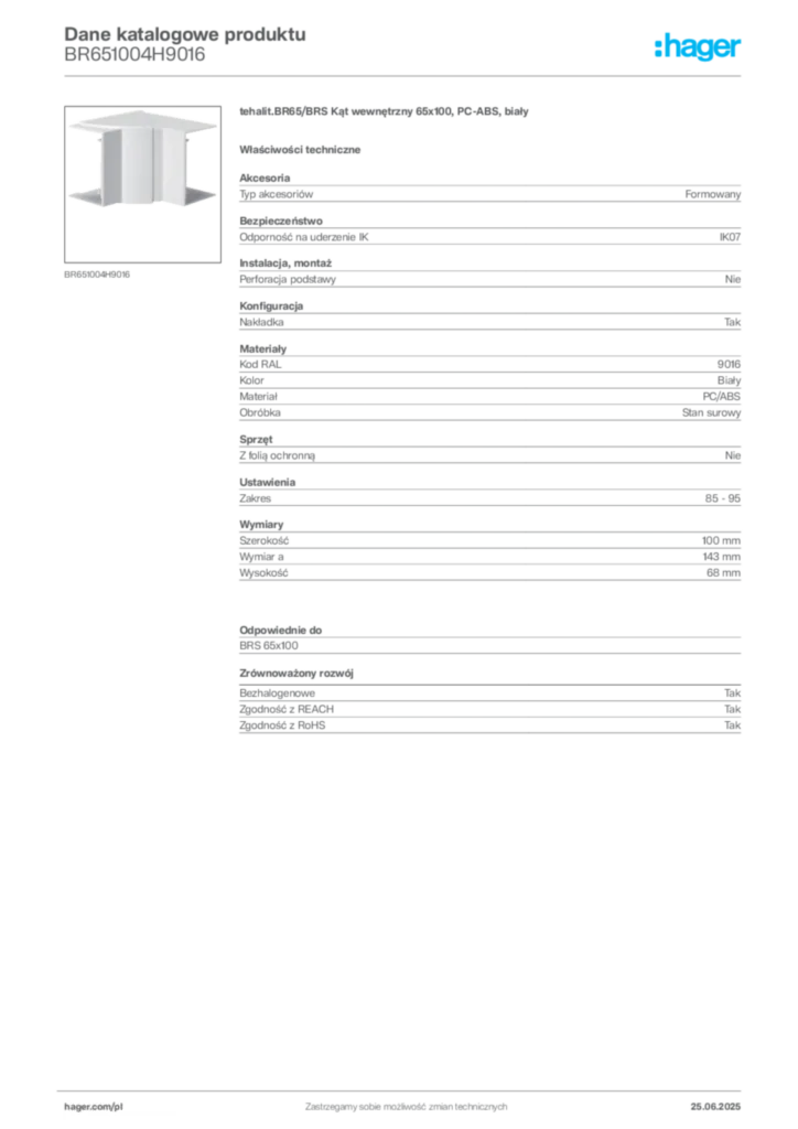 Zdjęcie Hager Karta katalogowa BR651004H9016 | Hager Polska