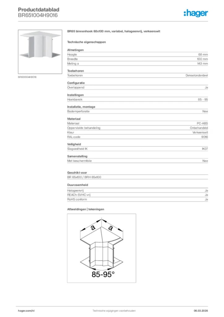 Afbeelding Hager Productdatablad BR651004H9016 | Hager Nederland