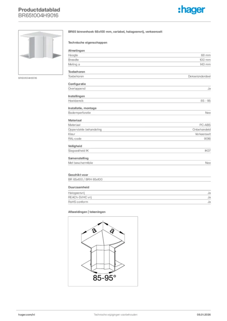 Afbeelding Hager Productdatablad BR651004H9016 | Hager Nederland