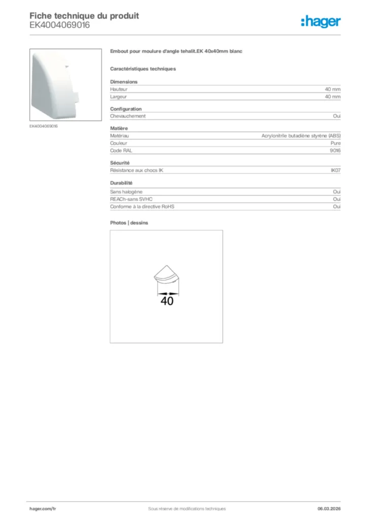 Image Hager Fiche technique du produit EK4004069016 | Hager France