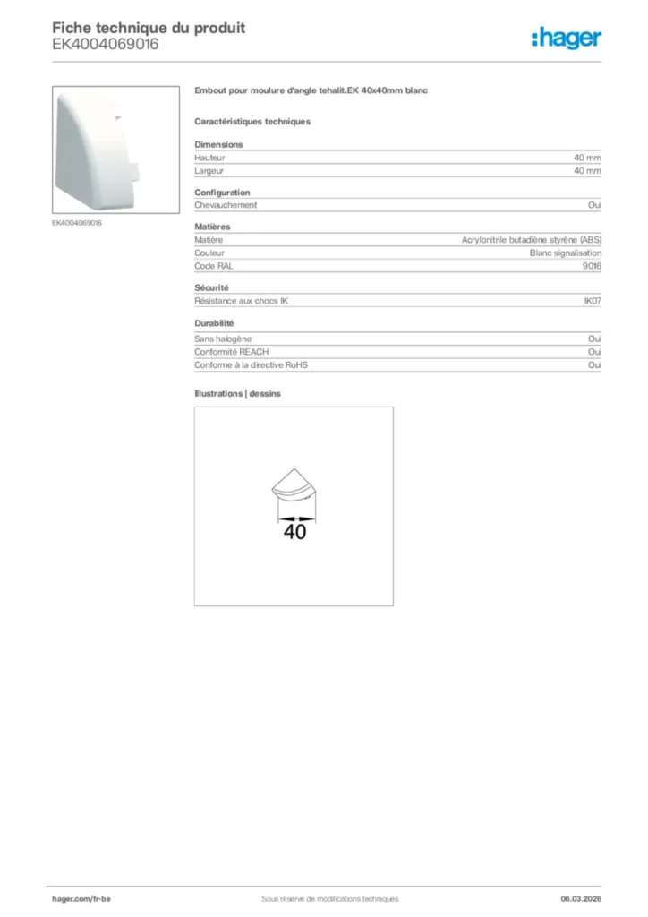 Image Hager Fiche technique du produit EK4004069016 | Hager Belgique