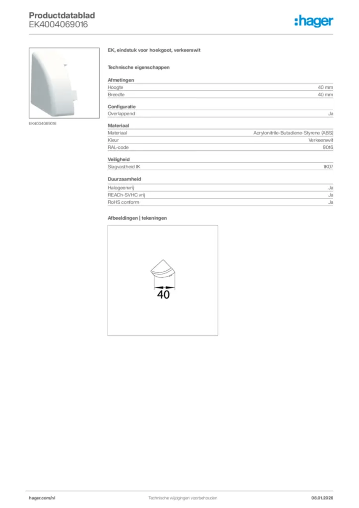 Afbeelding Hager Productdatablad EK4004069016 | Hager Nederland