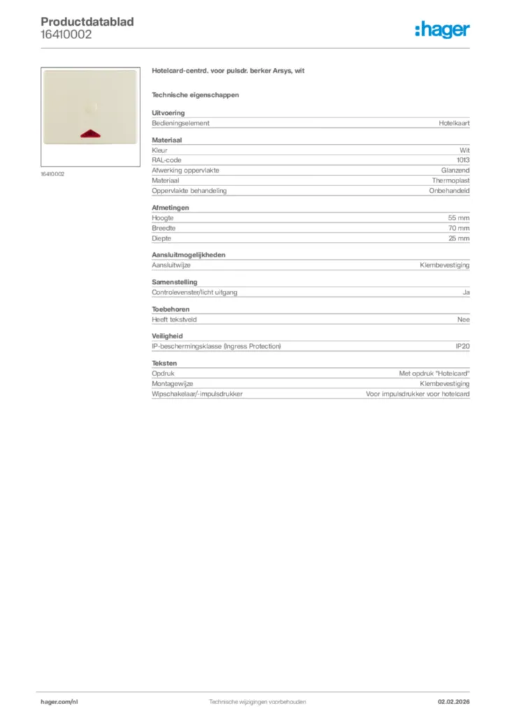 Afbeelding Hager Productdatablad 16410002 | Hager Nederland